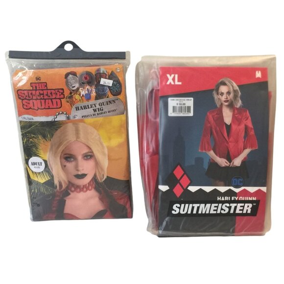 DC Harley Quinn Red Harlequin Jacket with Lace Cuffs Size XL 12/14 Blonde Wig wi - Picture 1 of 3